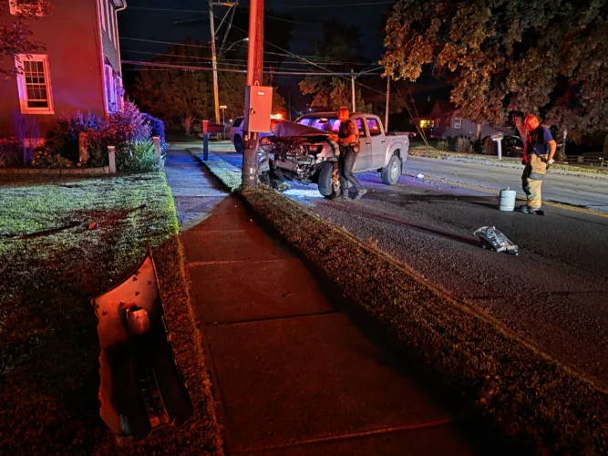 Pickup truck heavily damaged